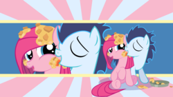 Size: 1920x1080 | Tagged: safe, artist:miketheuser, artist:neodarkwing, pinkie pie, soarin', earth pony, pegasus, pony, g4, colt, cute, cuteamena, eyes closed, female, filly, food, licking, male, mare, pie, pinkamena diane pie, shipping, soarinpie, stallion, straight, that pony sure does love pies, tongue out, wallpaper, younger
