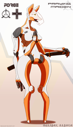 Size: 1280x2220 | Tagged: safe, artist:mopyr, oc, oc only, cyborg, anthro, black tongue, breasts, design, featureless breasts, female, four arms, katana, logo, praying, science fiction, solo, sword, thigh gap, tongue out, weapon