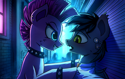 Size: 1700x1080 | Tagged: safe, artist:adagiostring, pinkie pie, oc, oc:romuald nocturne, bat pony, pony, g4, canon x oc, clothes, collar, costume, cyberpunk, female, glowing eyes, implants, looking at each other, male, mare, punk, punkie pie, shipping, spiked collar, spiked wristband, street, wristband