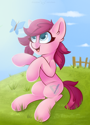 Size: 1535x2126 | Tagged: safe, artist:php97, oc, oc only, oc:holivi, butterfly, earth pony, pony, cloud, cottagecore, cute, eyelashes, female, fence, grass, mare, open mouth, sitting, sky, smiling, solo