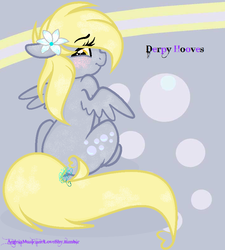 Size: 713x791 | Tagged: safe, artist:angelamusic13, derpy hooves, pegasus, pony, g4, abstract background, base used, blushing, cute, derpabetes, female, floppy ears, flower, flower in hair, heart, looking at you, looking back, looking back at you, looking over shoulder, mare, sitting, solo, spread wings, wings