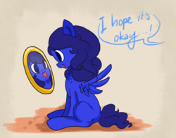 Size: 500x391 | Tagged: safe, artist:laceymod, oc, oc only, pegasus, pony, ask lovelace, female, mare, mirror, offscreen character, solo