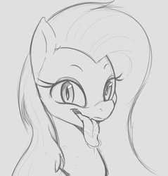 Size: 662x693 | Tagged: safe, artist:tre, fluttershy, pony, g4, bust, drool, female, grayscale, looking at you, mare, monochrome, open mouth, simple background, smiling, tongue out