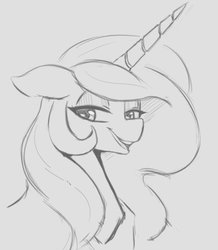 Size: 474x543 | Tagged: safe, artist:tre, princess celestia, pony, g4, bust, female, grayscale, looking at you, mare, monochrome, open mouth, portrait, simple background, smiling, solo