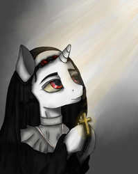 Size: 860x1080 | Tagged: source needed, safe, artist:s.l.guinefort, oc, oc:blackjack, pony, unicorn, fallout equestria, fallout equestria: project horizons, christianity, cross, female, light, looking up, mare, nun, raised hoof, smiling