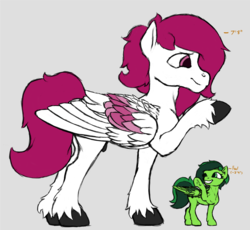 Size: 1200x1105 | Tagged: safe, artist:trefoiler, derpibooru exclusive, oc, oc only, oc:dr.heart, oc:emerald beats, pegasus, pony, comparison, eyes on the prize, female, filly, folded wings, gray background, looking back, macro, male, my big pony, preview, profile, raised hoof, simple background, size comparison, size difference, stallion, standing, two toned wings, waving, wings, wip