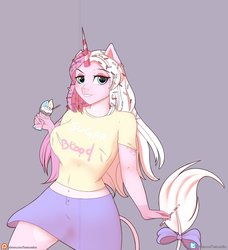 Size: 1968x2157 | Tagged: safe, artist:axtkatze, oc, oc only, unicorn, anthro, clothes, cute, female, freckles, mare, milkshake ponies, miniskirt, pink skin, skirt, solo