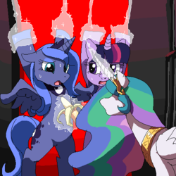 Size: 500x500 | Tagged: safe, artist:merumeto, princess celestia, princess luna, twilight sparkle, alicorn, pony, g4, banana, bananalestia, bipedal, bondage, female, food, lesbian, levitation, magic, magical bondage, mare, ship:twilestia, ship:twiluna, shipping, sweat, telekinesis