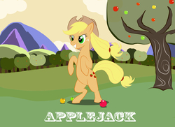 Size: 3507x2550 | Tagged: safe, artist:zerorequiem94, applejack, earth pony, pony, g4, apple, female, food, high res, rearing, solo, tree