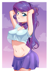 Size: 624x900 | Tagged: safe, artist:thebrokencog, rarity, human, g4, adorasexy, arm behind head, armpits, belly button, blushing, breasts, busty rarity, cleavage, clothes, cloud, cute, female, grin, humanized, looking at you, messy hair, midriff, miniskirt, pose, sexy, skirt, smiling, solo, tank top