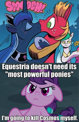 Size: 616x950 | Tagged: safe, artist:andypriceart, edit, edited screencap, idw, official comic, screencap, big macintosh, cosmos, pinkie pie, princess celestia, princess luna, sugar belle, alicorn, earth pony, pony, unicorn, g4, hard to say anything, spoiler:comic, spoiler:comic76, angry, caption, comic, corrupted celestia, cosmomac, female, fight, floppy ears, hoof shoes, image macro, jealous, kiss on the lips, kissing, male, mare, out of context, overprotective, possessed, punch, ship:lunamac, ship:sugarmac, shipping, stallion, straight, text, this will end in death, this will end in tears, this will end in tears and/or death
