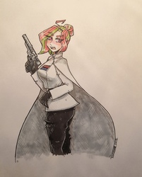 Size: 1475x1833 | Tagged: safe, artist:serodart, oc, oc only, oc:mollydv, human, cloak, clothes, director, female, galactic empire, gun, humanized, laser gun, looking at you, open mouth, solo, star wars, traditional art, uniform, weapon