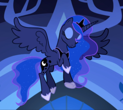 Size: 922x830 | Tagged: safe, screencap, princess luna, alicorn, pony, do princesses dream of magic sheep, g4, cropped, crown, eyes closed, female, flying, hoof shoes, jewelry, mare, peytral, regalia, solo, spread wings, wings