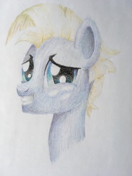 Size: 3024x4032 | Tagged: safe, artist:phat_guy, derpibooru exclusive, star tracker, earth pony, pony, g4, bust, colored pencil drawing, freckles, grin, looking at you, male, portrait, simple background, smiling, solo, stallion, traditional art