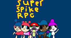 Size: 2872x1536 | Tagged: safe, artist:undeadponysoldier, spike, oc, oc:dolly, oc:marcy, oc:molly, oc:nick, box art, clothes, cosplay, costume, dress, geno, mallow, mario, parody, princess peach, super mario bros., super mario rpg, title card, video game