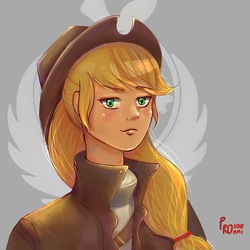 Size: 2000x2000 | Tagged: safe, artist:ronni, applejack, human, fallout equestria, g4, bust, clothes, cowboy hat, fanfic art, female, hat, high res, humanized, logo, looking at you, ministry mares, ministry of wartime technology, portrait, simple background, solo