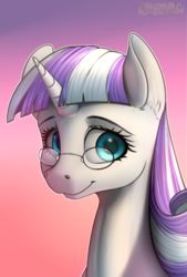 Size: 919x1357 | Tagged: safe, artist:mercurial64, twilight velvet, pony, unicorn, g4, bust, female, glasses, gradient background, looking at you, mare, mother, portrait, simple background, smiling, solo