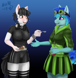 Size: 2894x2964 | Tagged: safe, artist:mik3thestrange, oc, oc only, oc:raven mcchippy, oc:sindra, earth pony, anthro, breasts, cake, clothes, collar, collar ring, duo, duo female, female, food, goggles, gradient background, headphones, high res, hoodie, pleated skirt, shorts, skirt, socks, spoon, thigh highs