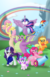 Size: 1024x1583 | Tagged: safe, artist:aleximusprime, applejack, fluttershy, pinkie pie, princess flurry heart, rainbow dash, rarity, spike, twilight sparkle, alicorn, dragon, pony, flurry heart's story, g4, adult, adult spike, canterlot, canterlot castle, chubby, fat, fat spike, female, filly, flower, flower in hair, glasses, mane seven, mane six, older, older spike, party cannon, pudgy pie, rainbow, twilight sparkle (alicorn), winged spike, wings, younger