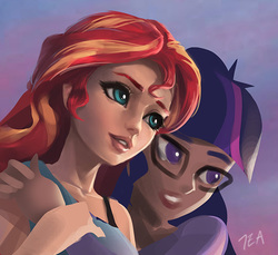 Size: 587x537 | Tagged: safe, artist:imdrunkontea, sci-twi, sunset shimmer, twilight sparkle, human, equestria girls, g4, clothes, female, glasses, humanized, lesbian, ship:sci-twishimmer, ship:sunsetsparkle, shipping, wip