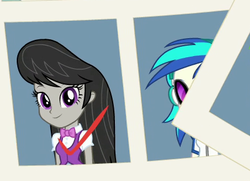 Size: 433x313 | Tagged: safe, screencap, dj pon-3, octavia melody, vinyl scratch, equestria girls, equestria girls specials, g4, my little pony equestria girls: better together, my little pony equestria girls: forgotten friendship, cropped, female, looking at you, photo, smiling, yearbook