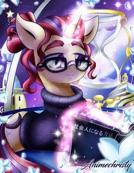 Size: 1024x1326 | Tagged: safe, artist:animechristy, moondancer, pony, unicorn, g4, alternate hairstyle, bushy brows, canterlot, clothes, flower, glasses, hourglass, kanji, magic, night, sparkles, stars, sweater, text, tower