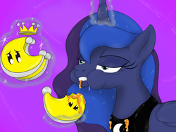 Size: 1600x1200 | Tagged: safe, artist:pavlovzdawg, princess luna, pony, g4, chewing, eating, female, juicy, magic, nintendo, power moon, solo, super mario bros., super mario odyssey, tired