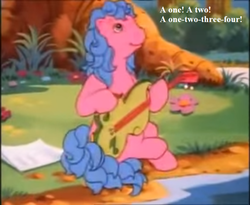 Size: 679x558 | Tagged: safe, edit, edited screencap, editor:korora, screencap, melody, earth pony, pony, bon bon's diary, g1, my little pony tales, dialogue, flower, guitar, paper, river, tree