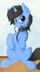 Size: 1451x2580 | Tagged: safe, artist:wolfypon, oc, oc only, oc:tinker doo, pony, unicorn, collar, glasses, leash, male, mouth hold, pet play, solo
