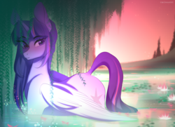 Size: 5650x4093 | Tagged: safe, artist:yukomaussi, twilight sparkle, alicorn, pony, g4, female, forest, lake, looking at you, mare, nature, raised tail, solo, tail, twilight sparkle (alicorn), water
