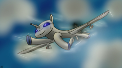 Size: 2273x1267 | Tagged: safe, artist:atomfliege, derpibooru exclusive, oc, oc only, original species, plane pony, pony, cloud, flying, male, plane, sky, smiling, solo, speed lines