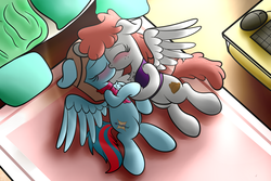 Size: 3000x2000 | Tagged: safe, artist:php142, oc, oc only, oc:aurora breeze, oc:graph travel, pegasus, pony, aviator goggles, aviator hat, bed, blushing, chest fluff, clothes, computer mouse, eyes closed, female, floppy ears, freckles, hat, high res, keyboard, kissing, lesbian, making out, mare, oc x oc, on side, pillow, scarf, shipping, spread wings, vest, wingboner, wings