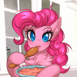 Size: 1000x1000 | Tagged: safe, artist:margony, pinkie pie, earth pony, pony, g4, bust, cheek fluff, chest fluff, colored pupils, cute, diapinkes, ear fluff, female, fluffy, licking, looking at you, portrait, solo, spoon, tongue out