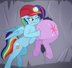 Size: 1280x1213 | Tagged: safe, artist:andelai, rainbow dash, twilight sparkle, alicorn, pegasus, pony, g4, butt, butt pushing, buttstuck, cave, cavern, chubby, chubby twilight, dock, duo, extra thicc, fat, female, helmet, hole, huge butt, human shoulders, large butt, mare, mining helmet, need to go on a diet, need to lose weight, plot, plump, pushing, spelunking, squishy, stuck, the ass is monstrously oversized for tight entrance, the ass was fat, the ass was too fat, thick, too fat to fit, too fat to get through, twibutt, twilard sparkle, twilight sparkle (alicorn), underhoof