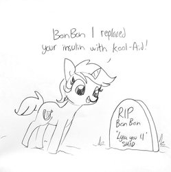 Size: 1417x1421 | Tagged: safe, artist:tjpones, lyra heartstrings, pony, unicorn, black and white, cute, dark comedy, diabetes, dialogue, epitaph, female, gravestone, grayscale, grimcute, grin, implied bon bon, implied death, implied murder, it's just a prank bro, l.u.l.s., lineart, literal diabetes, lyrabetes, mare, monochrome, murder, open mouth, prank gone wrong, rest in peace, simple background, sketch, smiling, solo, text, this ended in death, wat, we are going to hell, white background