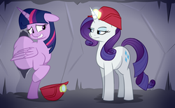 Size: 1280x790 | Tagged: safe, artist:andelai, rarity, twilight sparkle, alicorn, pony, unicorn, g4, adorafatty, belly, big belly, blushing, butt, cave, cavern, chubby, chubby twilight, cute, duo, embarrassed, fat, female, floppy ears, helmet, hole, mare, mining helmet, need to go on a diet, need to lose weight, plot, sheepish grin, spelunking, squishy, stuck, the ass is monstrously oversized for tight entrance, thick, too fat to fit, too fat to get through, twiabetes, twilard sparkle, twilight sparkle (alicorn), unamused
