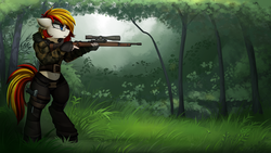 Size: 2920x1642 | Tagged: safe, artist:pridark, oc, oc only, oc:alter ego, anthro, unguligrade anthro, anthro oc, clothes, commission, female, glasses, grass, sniper, solo, tree