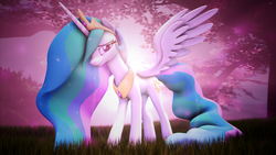 Size: 5760x3240 | Tagged: safe, artist:lagmanor, princess celestia, alicorn, pony, g4, 3d, cute, cutelestia, cutie mark, female, looking at you, mare, smiling, solo, source filmmaker, spread wings, sunset, wings