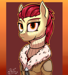 Size: 924x1018 | Tagged: safe, artist:hc0, apple bloom, earth pony, anthro, g4, alternate hairstyle, bomber jacket, bust, clothes, female, freckles, jacket, older, older apple bloom, portrait, solo, sweater, turtleneck