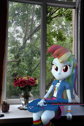 Size: 2136x3216 | Tagged: safe, artist:lagmanor, rainbow dash, pony, equestria girls, g4, 3d, blender, blender cycles, guitar, high res, irl, looking at you, photo, photo edit, photography, ponies in real life, rain, sitting, smiling, smirk, solo, window, windowsill