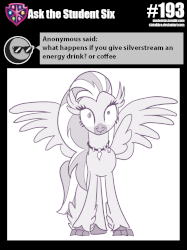 Size: 800x1068 | Tagged: safe, artist:sintakhra, silverstream, classical hippogriff, hippogriff, tumblr:studentsix, g4, animated, caffeine, female, gif, grayscale, hyperactive, hypercaffinated, monochrome, shaking, simple background, stair keychain, vibrating, white background, xk-class end-of-the-world scenario