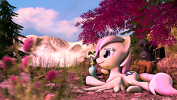 Size: 5760x3240 | Tagged: safe, artist:lagmanor, oc, oc only, oc:sweet shutter, pegasus, pony, 3d, backpack, camera, cloud, cutie mark, evening, female, lying down, mare, mountain, relaxed, solo, source filmmaker, tree