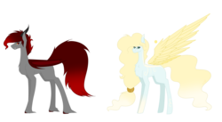 Size: 7086x3888 | Tagged: safe, artist:moonlight0shadow0, oc, oc only, oc:forgotten spirit, oc:pure heart (angel), angel, angel pony, demon pony, pegasus, pony, bat wings, chest fluff, female, horns, male, mare, markings, oc x oc, shipping, simple background, stallion, straight, transparent background, unshorn fetlocks, wings