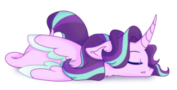 Size: 1850x950 | Tagged: safe, artist:lolwise, starlight glimmer, alicorn, pony, g4, alicornified, colored wings, colored wingtips, cute, eyes closed, female, floppy ears, glimmerbetes, horn, leonine tail, long horn, mare, race swap, simple background, sleeping, solo, starlicorn, transparent background