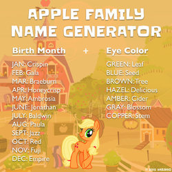 Size: 690x690 | Tagged: safe, applejack, earth pony, pony, g4, official, applejack month, birthday game, crossed hooves, exploitable meme, eye color, facebook, female, hat, mare, meme, name, solo, stock image, sweet apple acres, text