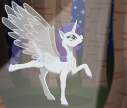 Size: 9389x7950 | Tagged: safe, artist:liv-and-b-merry, rarity, alicorn, pony, g4, alicornified, artificial wings, augmented, colored hooves, female, forest, leonine tail, magic, magic wings, night, night sky, race swap, raricorn, sky, solo, tree, wings