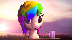 Size: 5760x3240 | Tagged: safe, artist:lagmanor, oc, oc only, oc:rainbowtashie, earth pony, pony, 3d, cup, cute, female, graphics tablet, grass field, looking at you, mare, pen in mouth, solo, source filmmaker, sunset