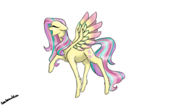 Size: 1600x1000 | Tagged: safe, artist:penrosa, fluttershy, pegasus, pony, g4, colored wings, cutie mark, eyes closed, female, floppy ears, fluffy, mare, open mouth, rainbow power, raised hoof, simple background, solo, white background