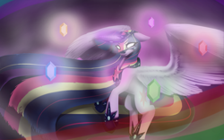 Size: 1600x998 | Tagged: safe, artist:penrosa, twilight sparkle, alicorn, pony, g4, cutie mark, elements of harmony, epic, eye clipping through hair, female, floppy ears, glowing eyes, helmet, jewelry, long hair, long tail, mare, mouse drawing, older, rainbow power, regalia, solo, spread wings, twilight sparkle (alicorn), wings