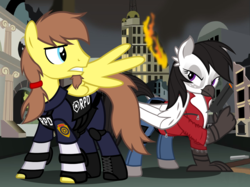 Size: 1591x1190 | Tagged: safe, artist:flash equestria photography, oc, oc only, oc:glace plume, oc:rory kenneigh, classical hippogriff, hippogriff, pegasus, pony, beard, burning, claire redfield, clothes, cosplay, costume, destruction, facial hair, glaceigh, jacket, leather jacket, leon s. kennedy, ponytail, resident evil, toy gun